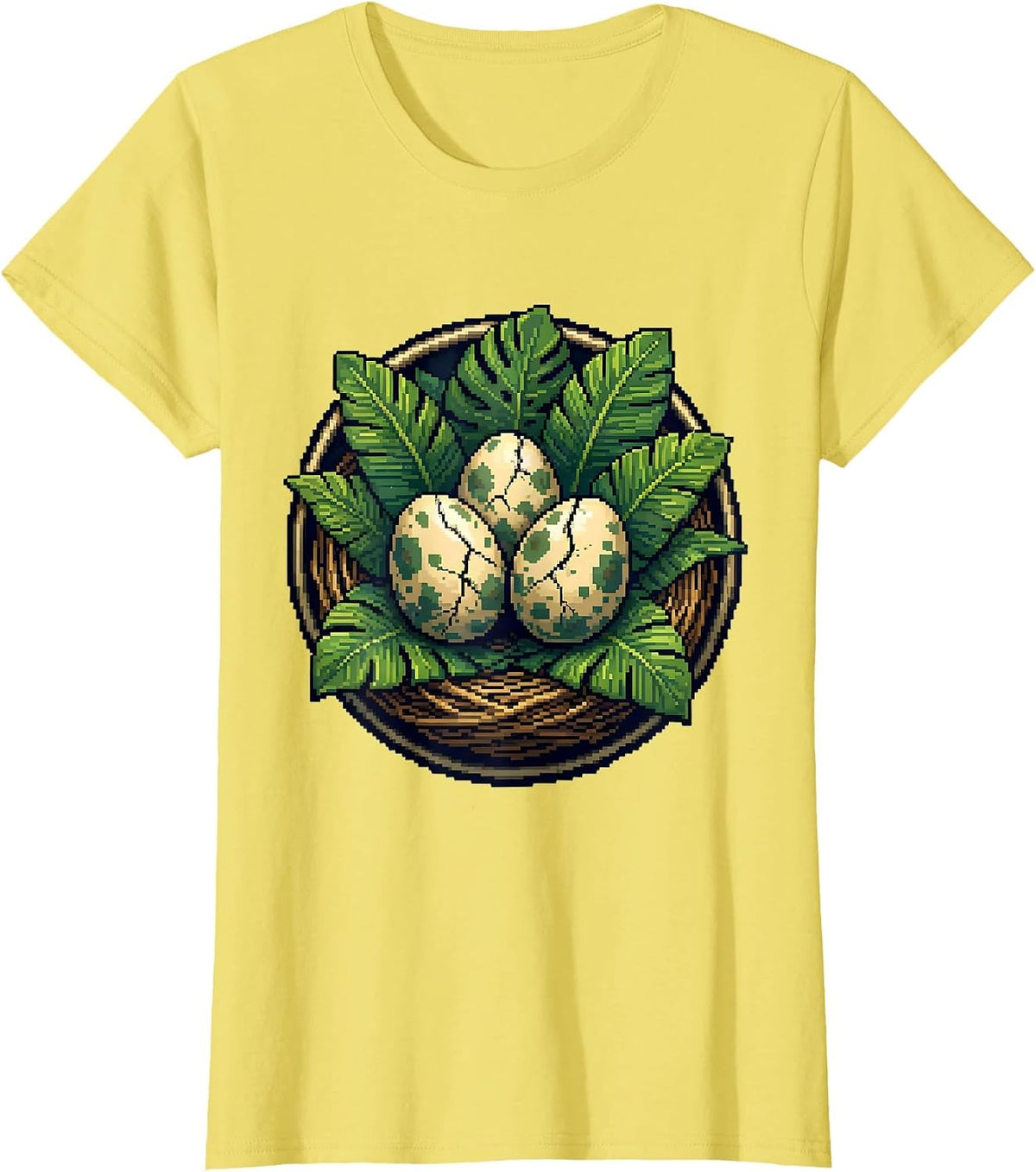 Dinosaur Eggs in Leafy Nest Close-Up Illustration T-Shirt - Lemon Yellow