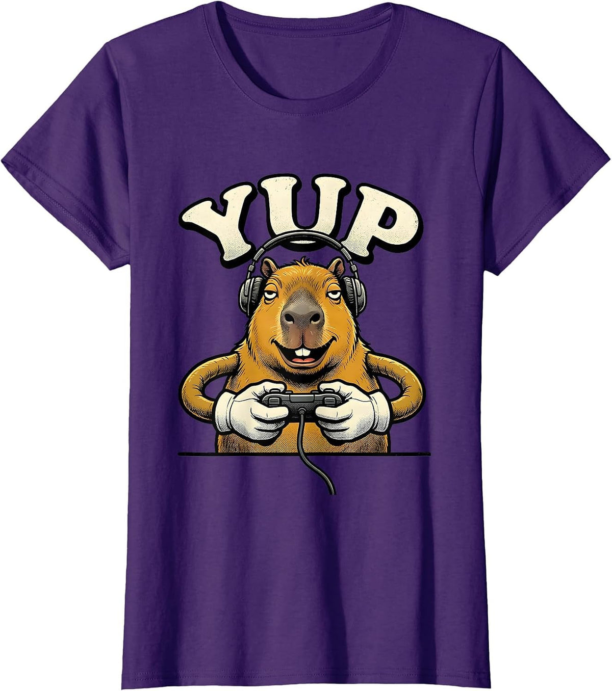 Women's Yup Retro Cartoon Capybara Gamer Meme Humor T-Shirt - Purple