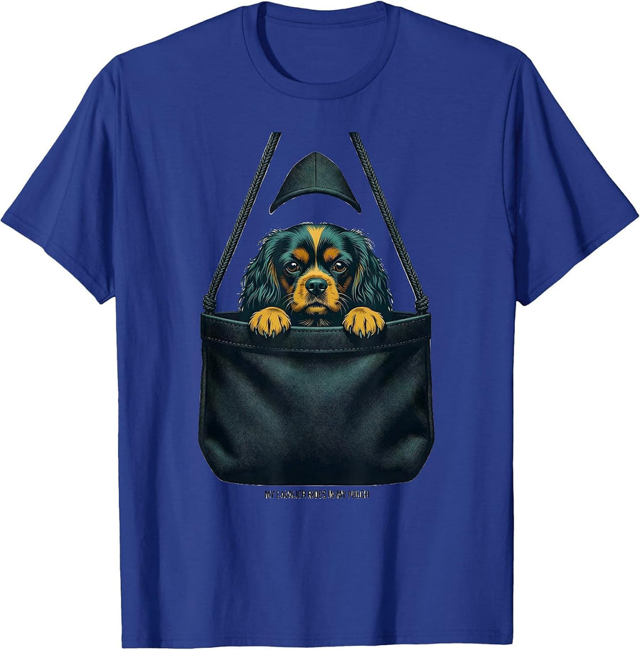 My Cavalier Rides In My Pouch Midcentury Modern Dog Lover T-Shirt - Royal Blue