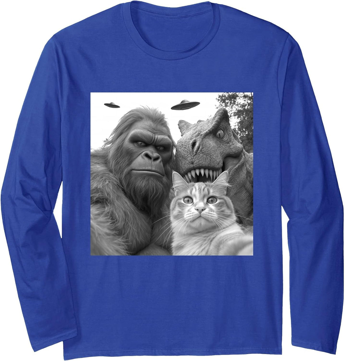Funny Cat Selfie with Bigfoot Dinosaur UFO for Men Women Long Sleeve T-Shirt - Adult Unisex Royal Blue