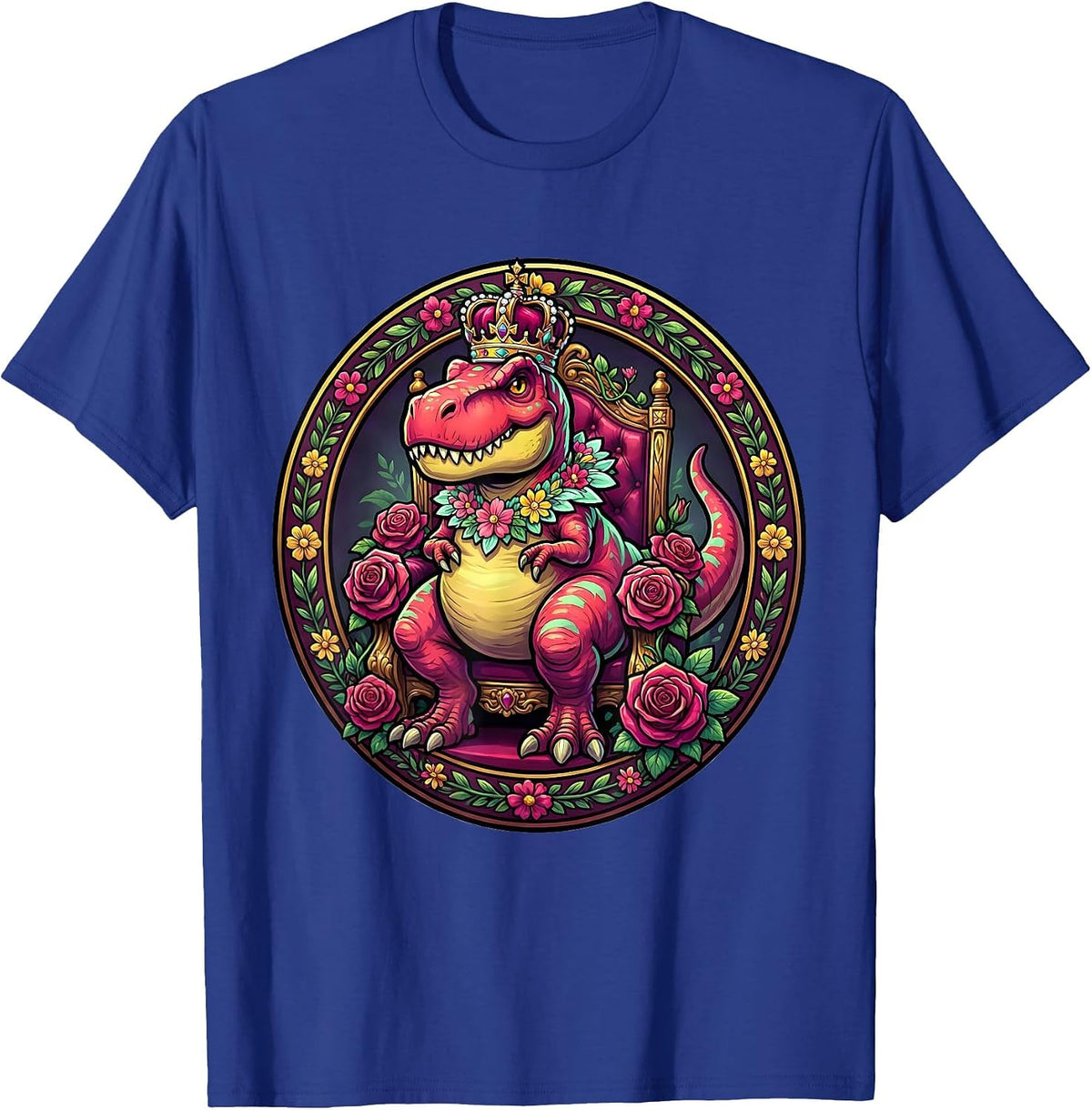 Dinosaur Queen Floral Throne Graphic T-Shirt - Royal Blue