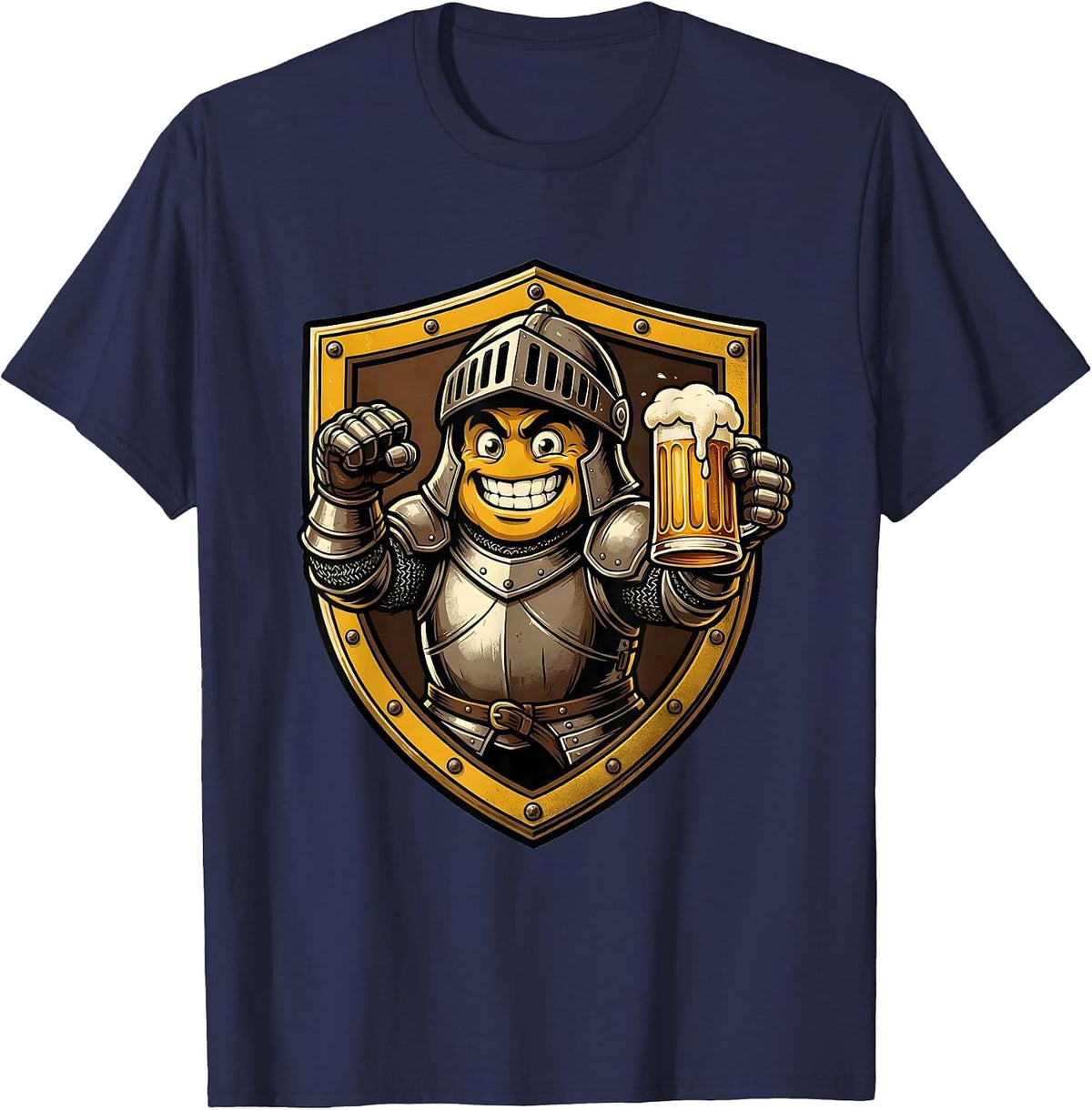 Medieval Knight Beer Stein Shield Illustration T-Shirt - Navy Blue