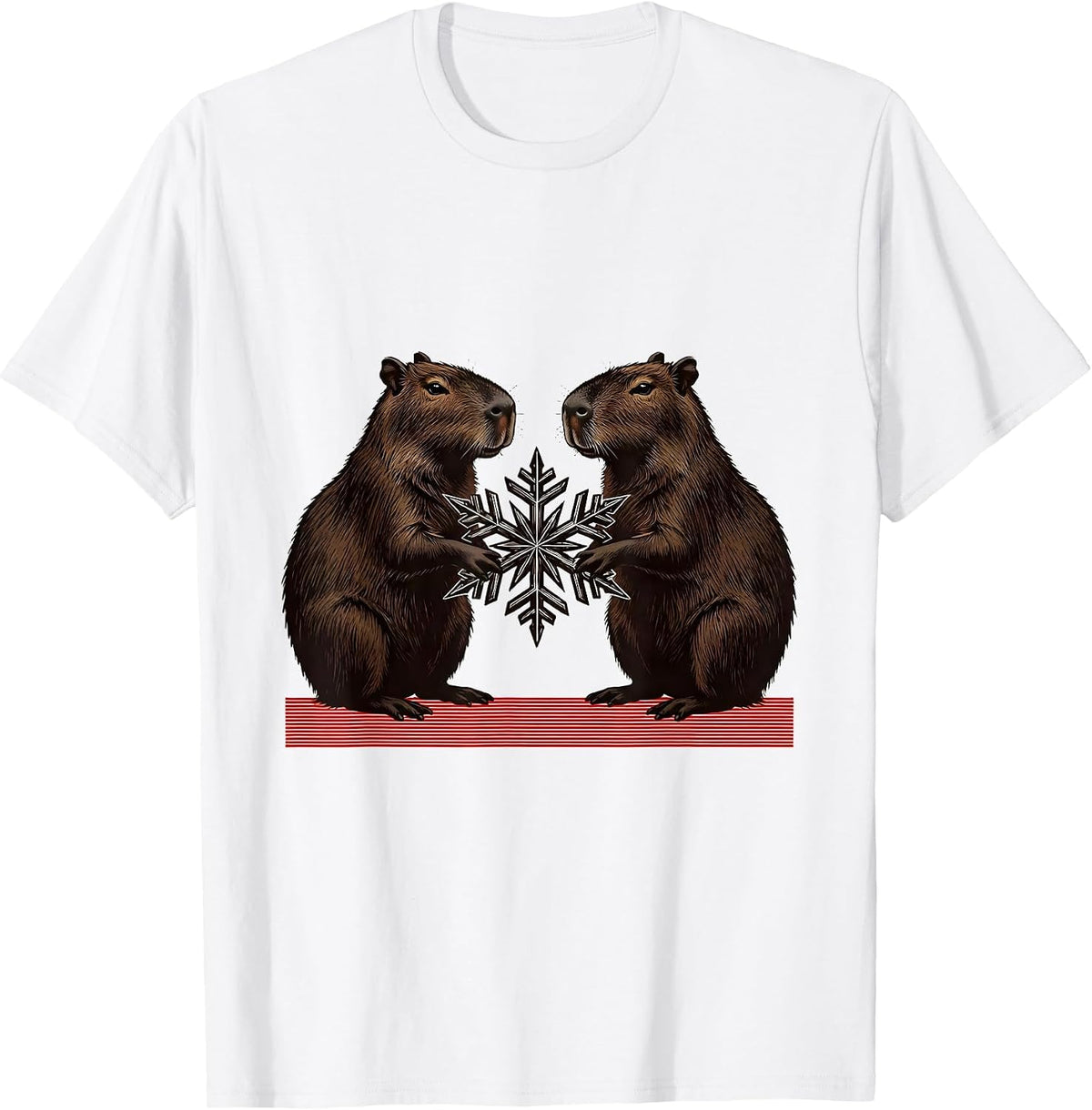 Men's Mirrored Capybaras Snowflake Wood Type Letterpress Christmas T-Shirt - White