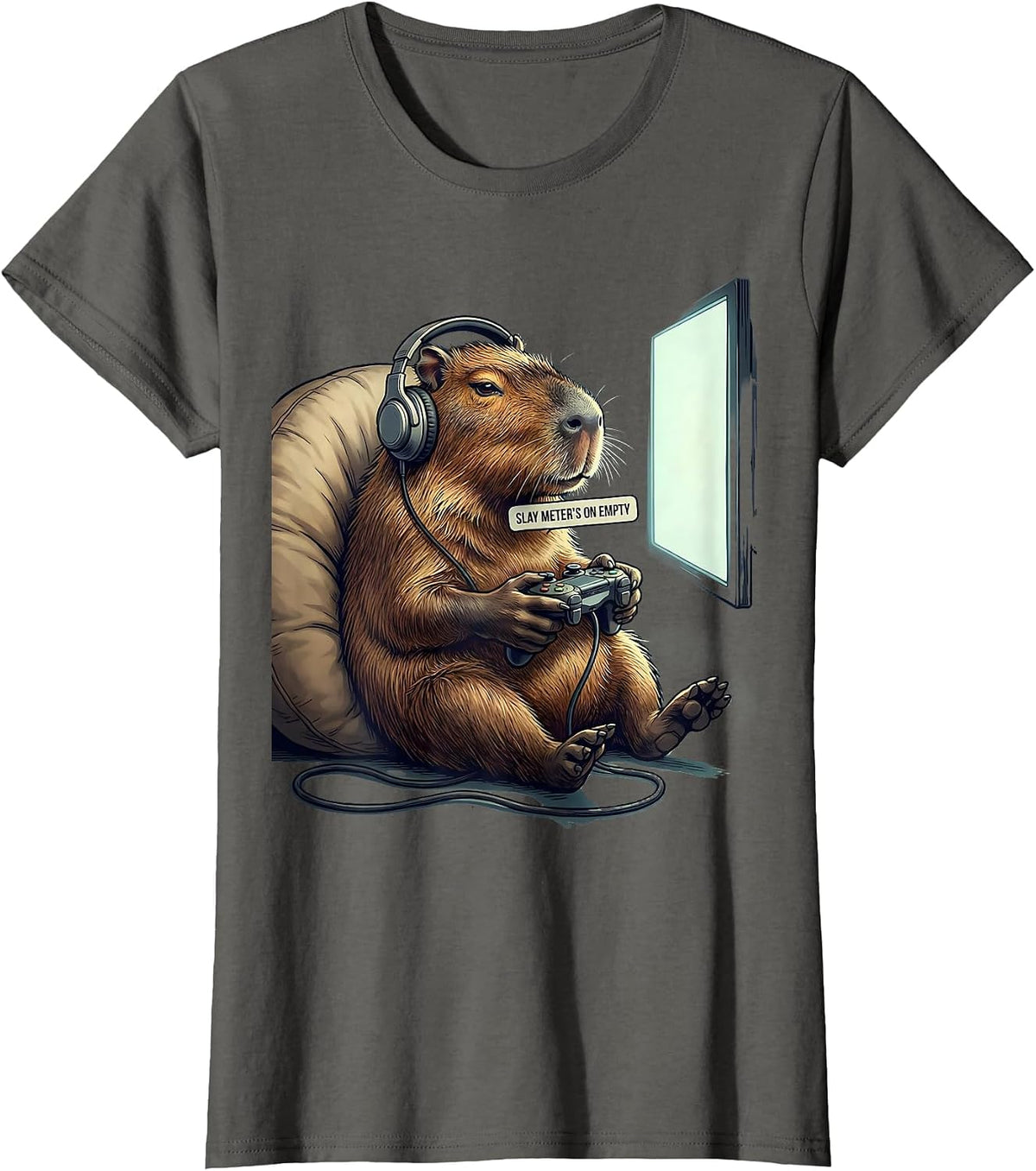 Women's Slay Meter's On Empty Funny Capybara Gamer Meme Humor T-Shirt - Asphalt Grey