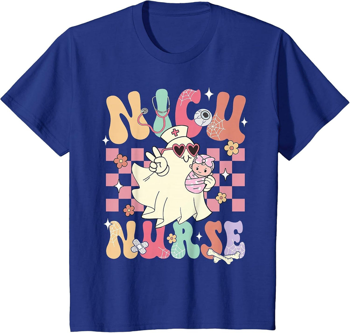 NICU Nurse Spooky Ghost Halloween Cute Nursing Costume T-Shirt - Royal Blue