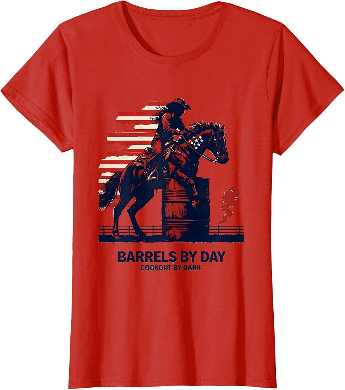 Women's Barrels By Day, Cookout By Dark Patriotic Horse 4th of July T-Shirt - Red