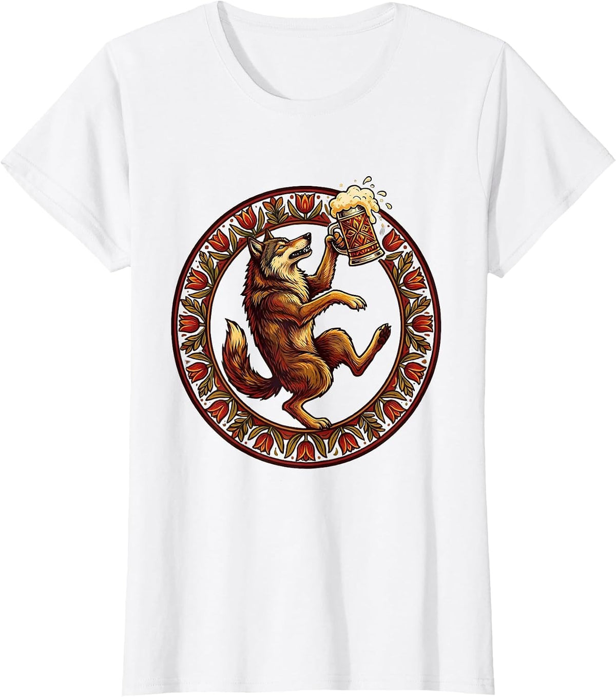 Wolf Howling with Beer Stein Prost Graphic T-Shirt - White
