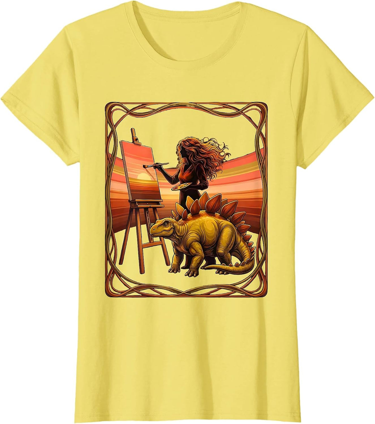 Artist Painting Stegosaurus Portrait Dinosaur Tee T-Shirt - Lemon Yellow