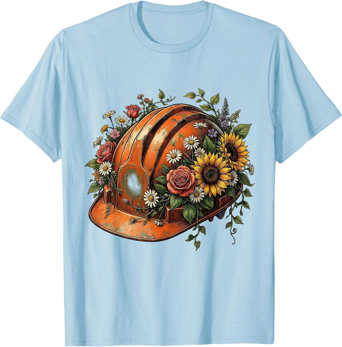 Floral Hard Hat Labor Day Illustration T-Shirt - Baby Blue
