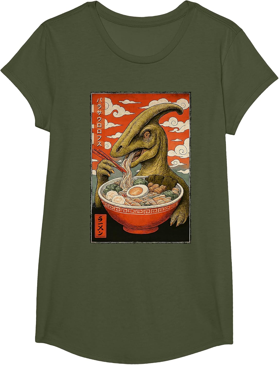 パラサウロロフス Parasaurolophus Dinosaur Ramen Japanese Noodles T-Shirt - Girls Olive Green