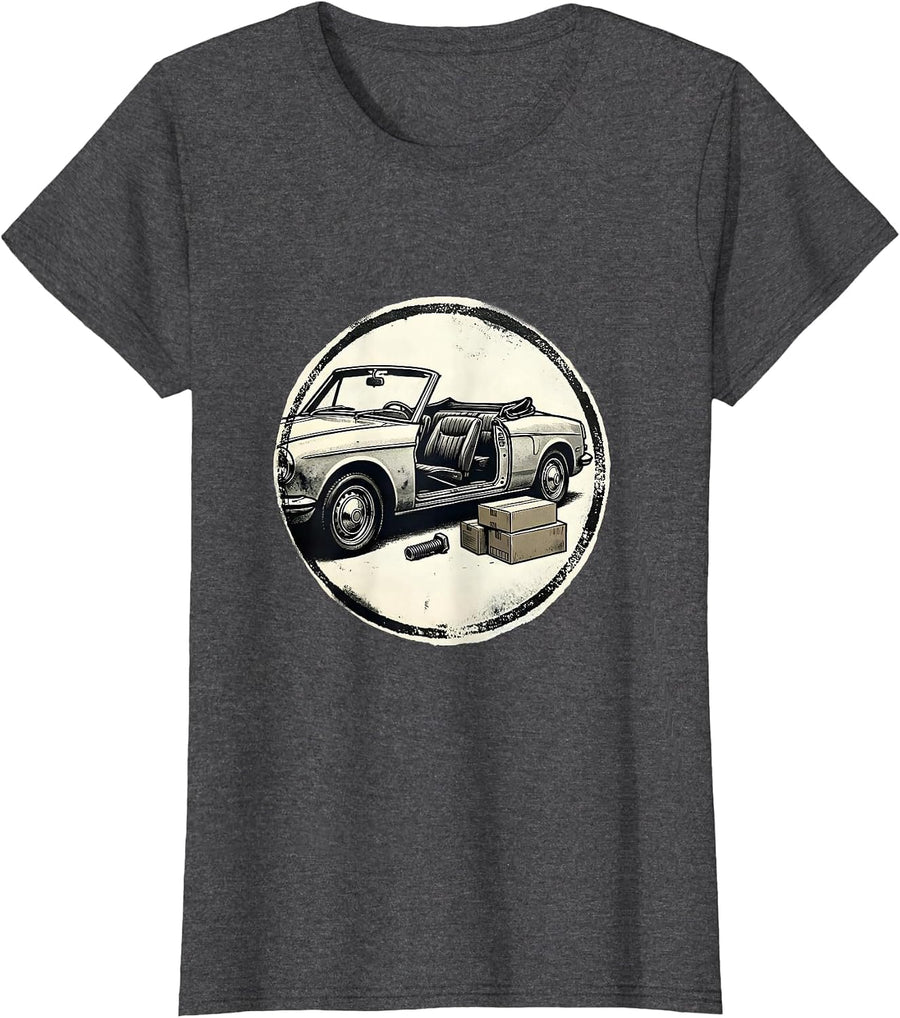 Women's Sealed Stamp Convertible Car Enthusiast Mechanic Humor T-Shirt - Dark Heather Grey