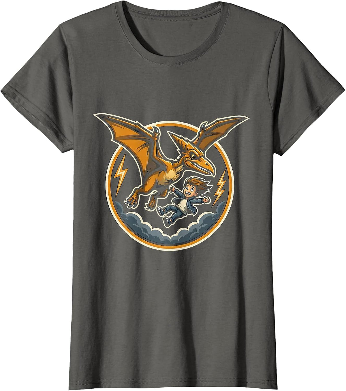 Women's Pterodactyl Adventure Boy Stormy Sky Dinosaur T-Shirt - Asphalt Grey