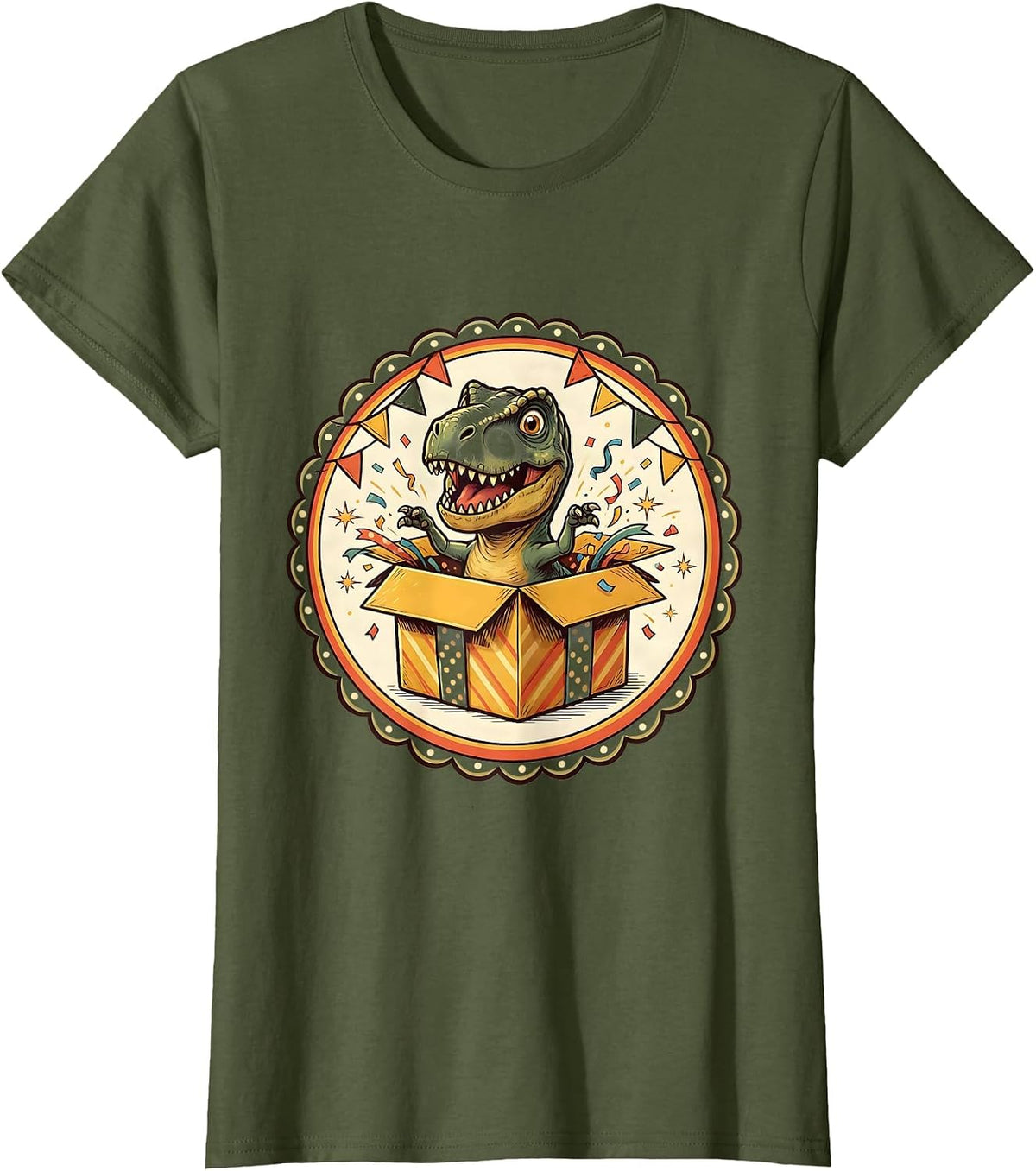 Women's Dinosaur Peeking Out of Gift Box Birthday Design T-Shirt - Olive Green