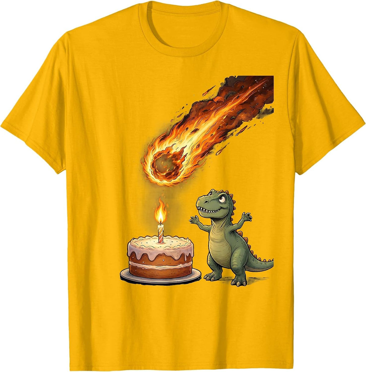 Dinosaur Birthday Meteor Candle Flame Graphic T-Shirt - Golden Yellow
