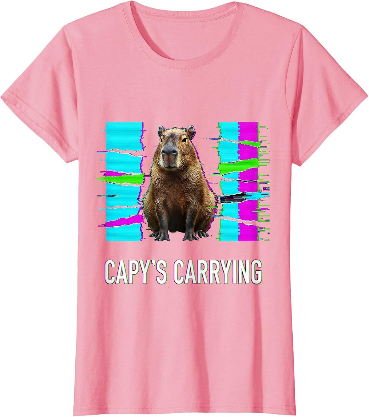 Women's capy's carrying Glitch Datamosh Funny Capybara Meme Animal T-Shirt - Pink