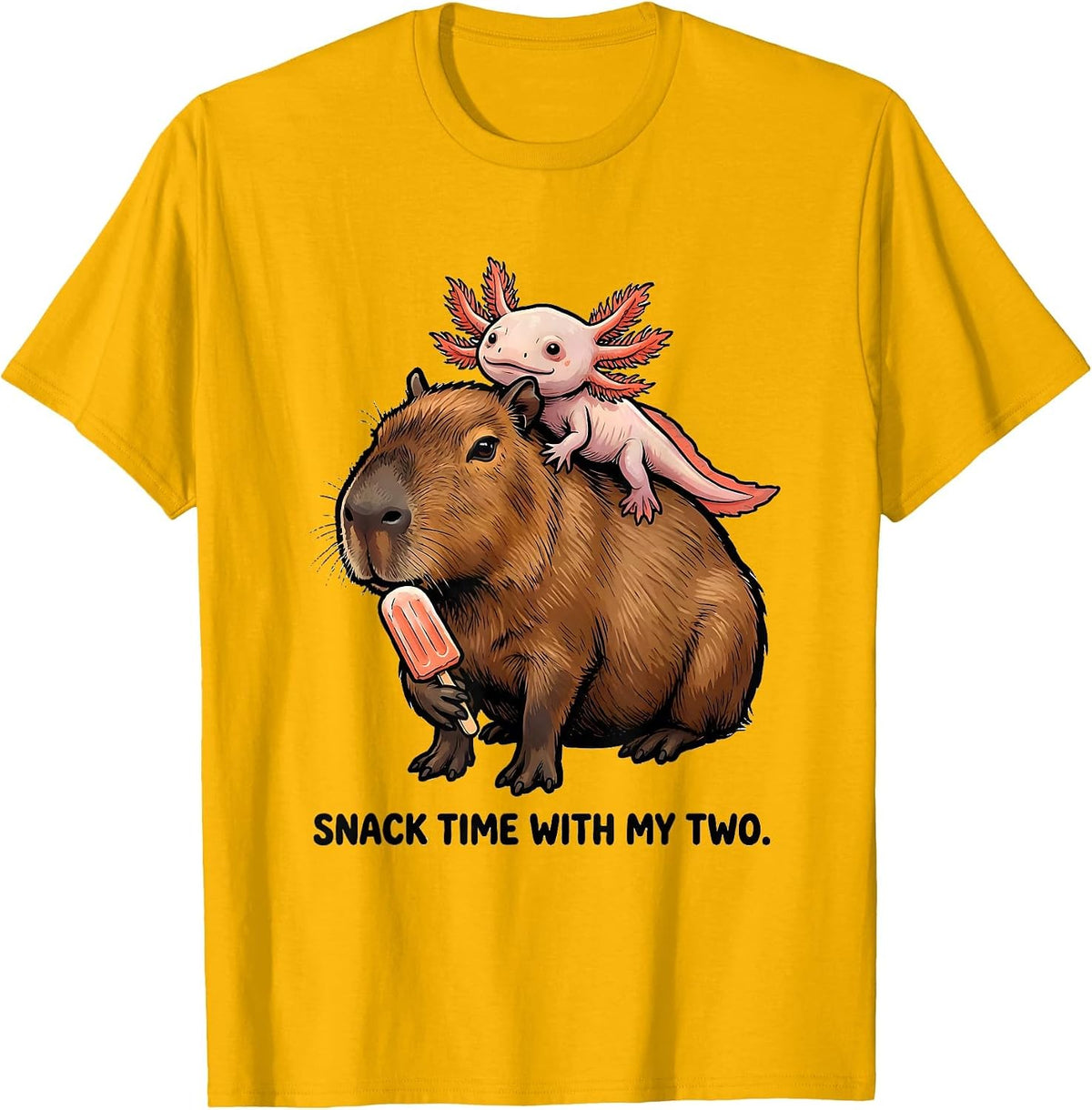 Snack Time With My Two Cute Capybara Axolotl Kawaii Animal T-Shirt - Golden Yellow