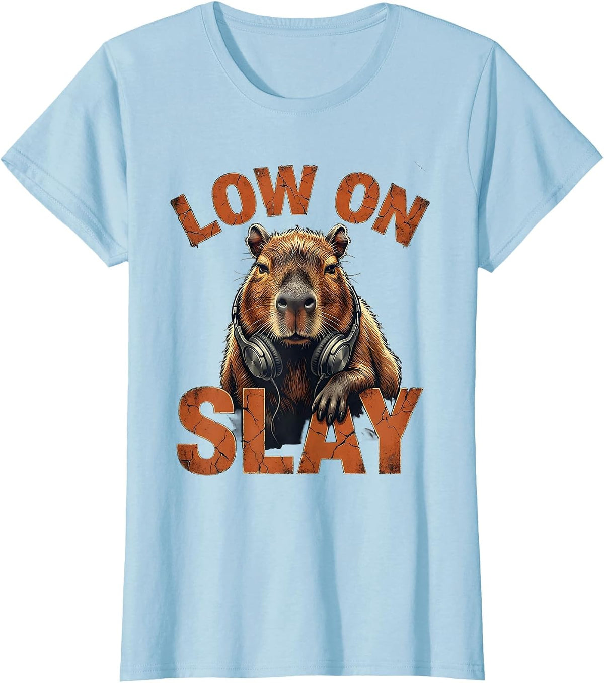 low on slay Distressed Capybara Gamer Meme Humor T-Shirt - Baby Blue