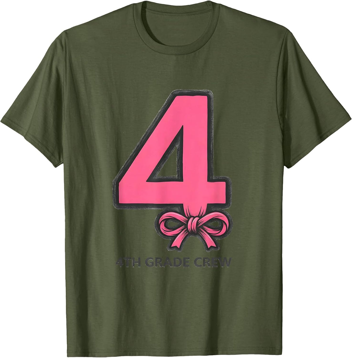 4th Grade Crew Coquette Bow Back to School Grade Identity T-Shirt - Olive Green