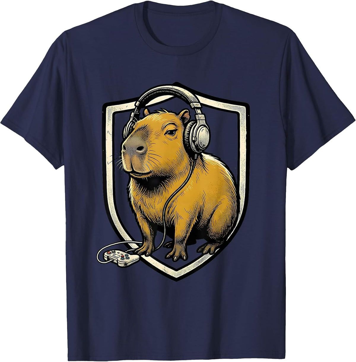 Men's Capybara Gamer Retro Cartoon Funny Video Games T-Shirt - Navy Blue