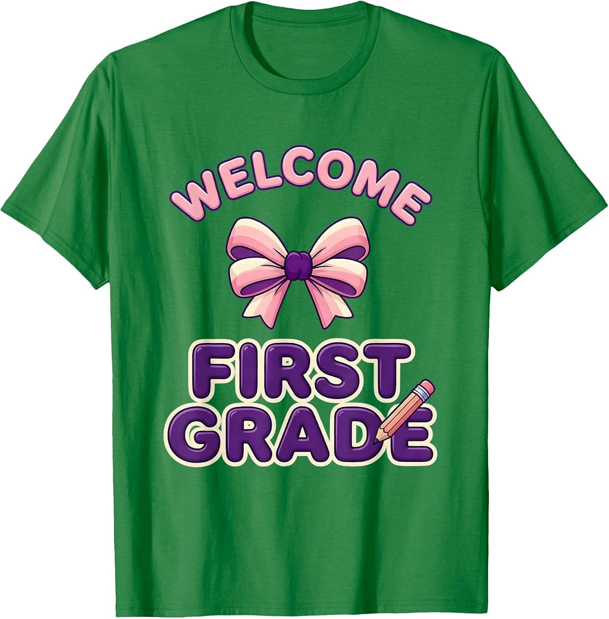 Men's Welcome, First Grade Cute Kawaii Back to School Pencil Bow T-Shirt - Kelly Green
