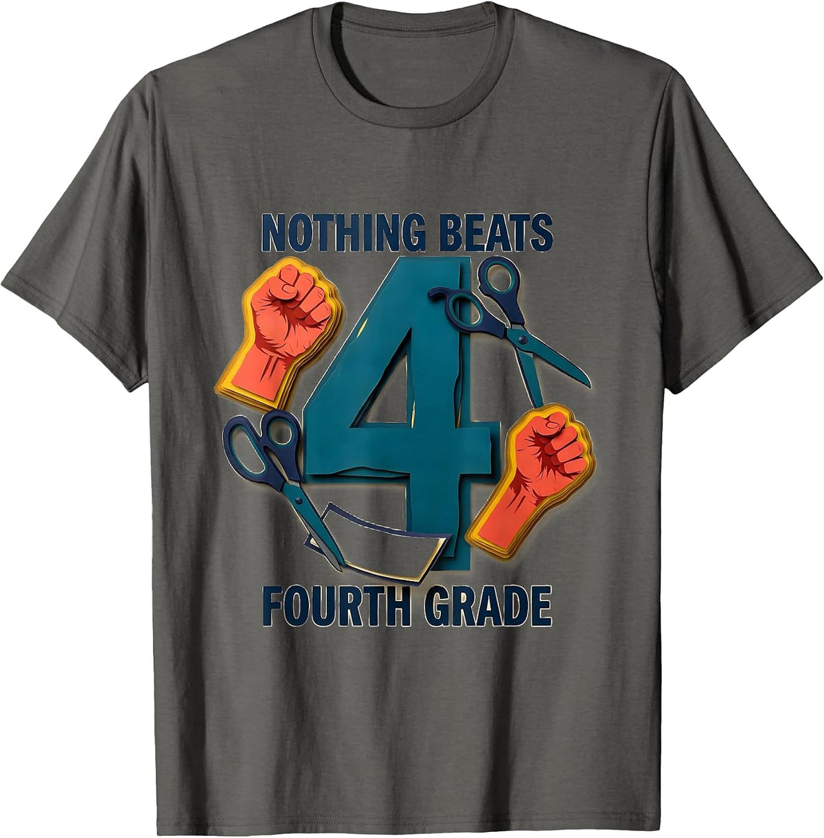 Nothing Beats Fourth Grade Back to School Rock Paper T-Shirt - Asphalt Grey