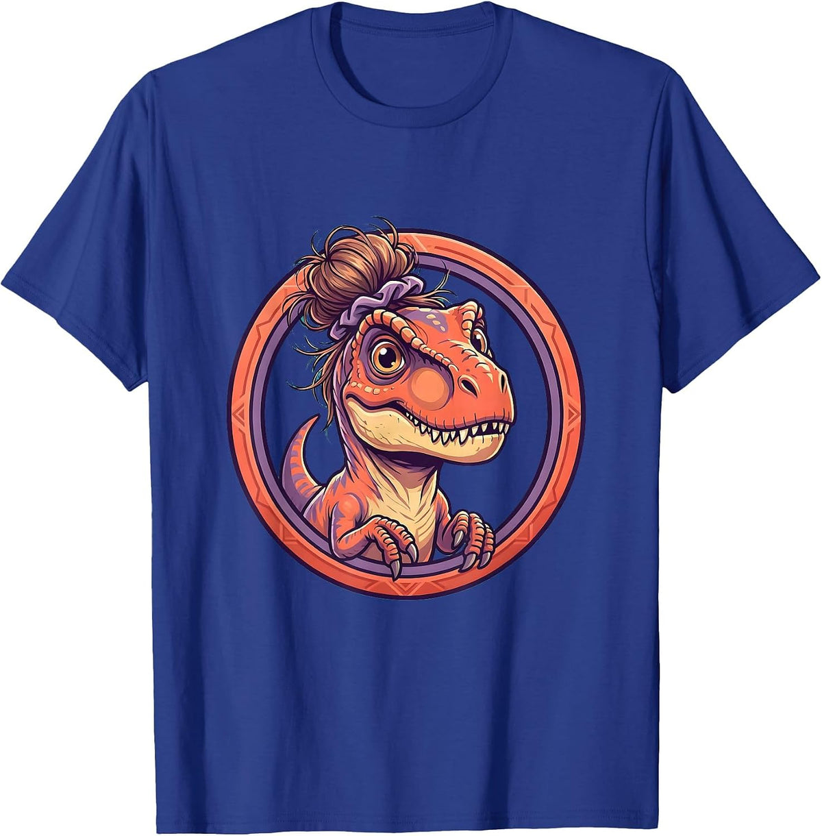 Velociraptor Messy Bun Dinosaur Graphic Tee T-Shirt - Royal Blue