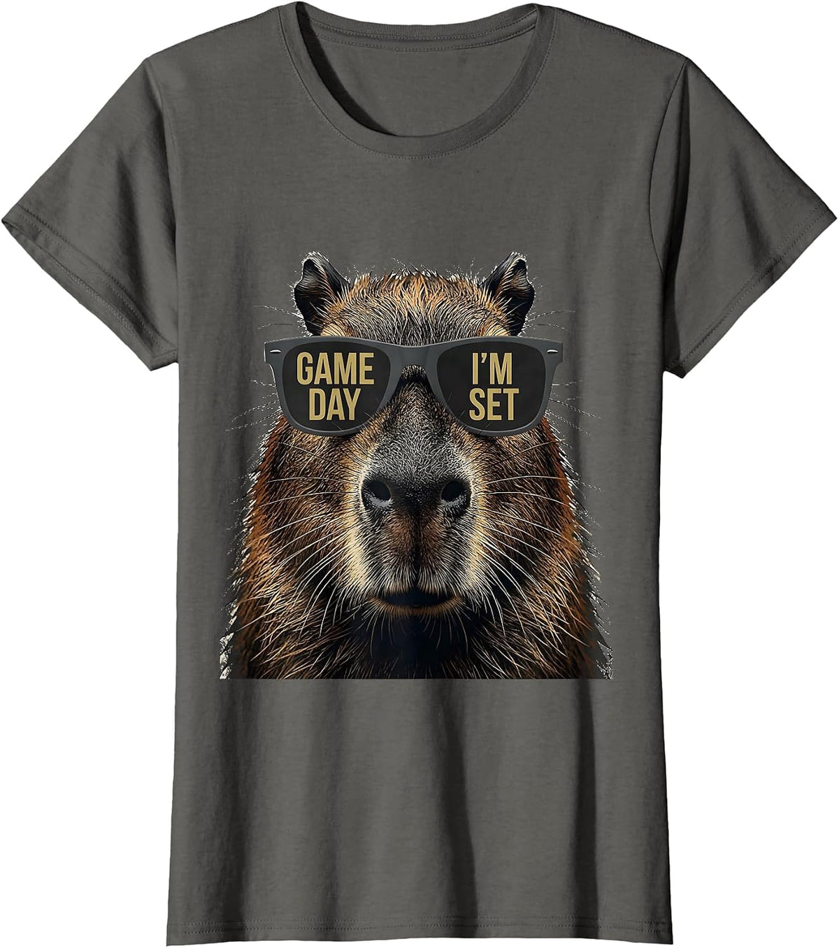 Women's Game Day, I'm Set Distressed Capybara Animal Mascot T-Shirt - Asphalt Grey