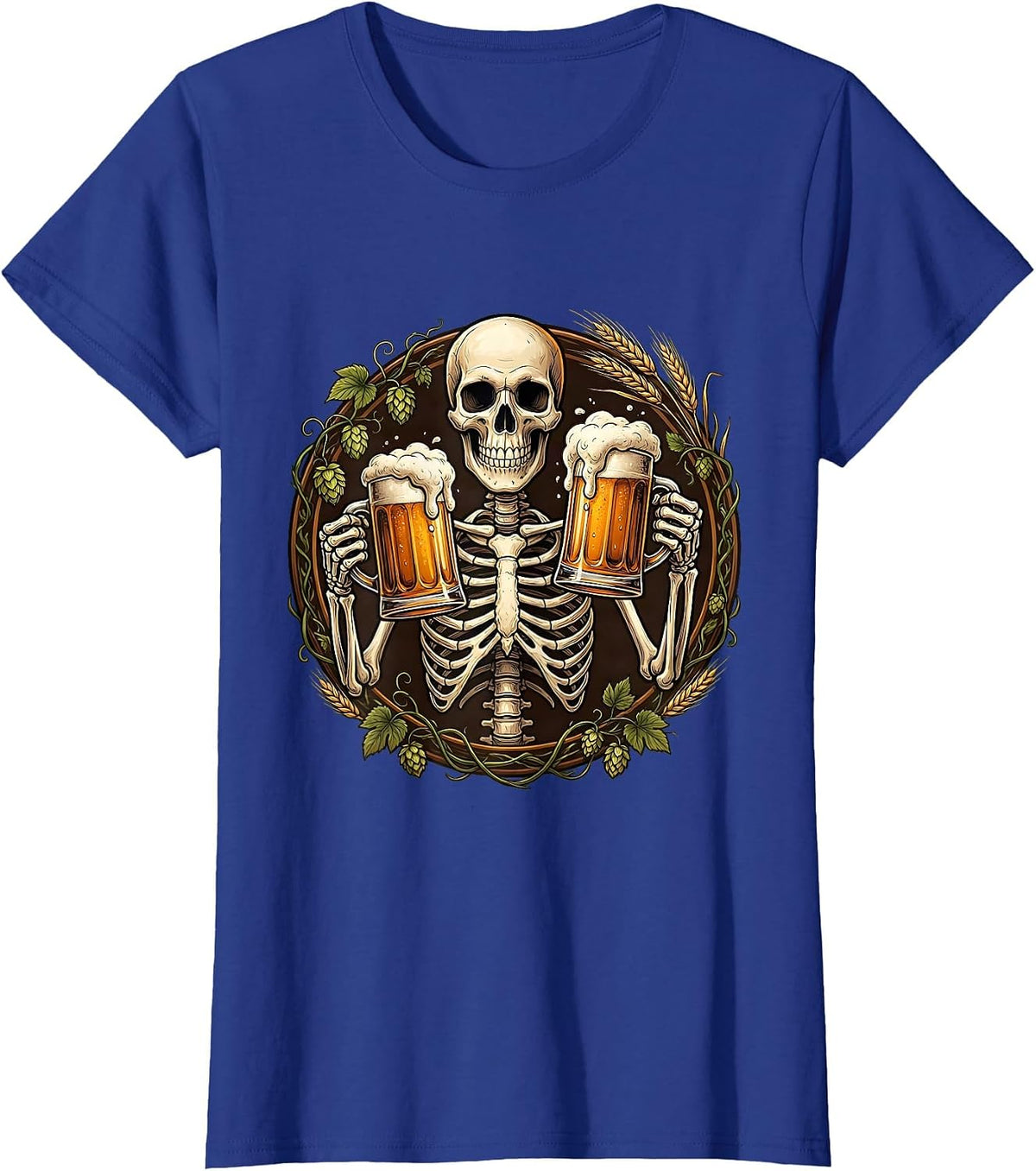 Women's Skeleton Cheers Beer Drinking Skull Graphic T-Shirt - Royal Blue