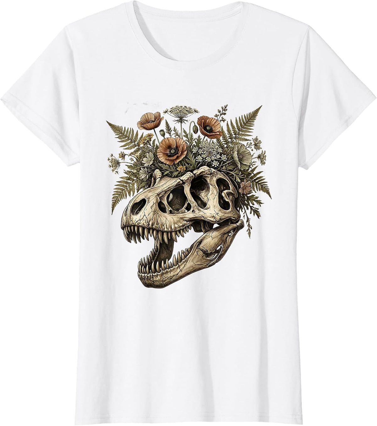 T-Rex Skull Floral Crown Dinosaur Art T-Shirt - White