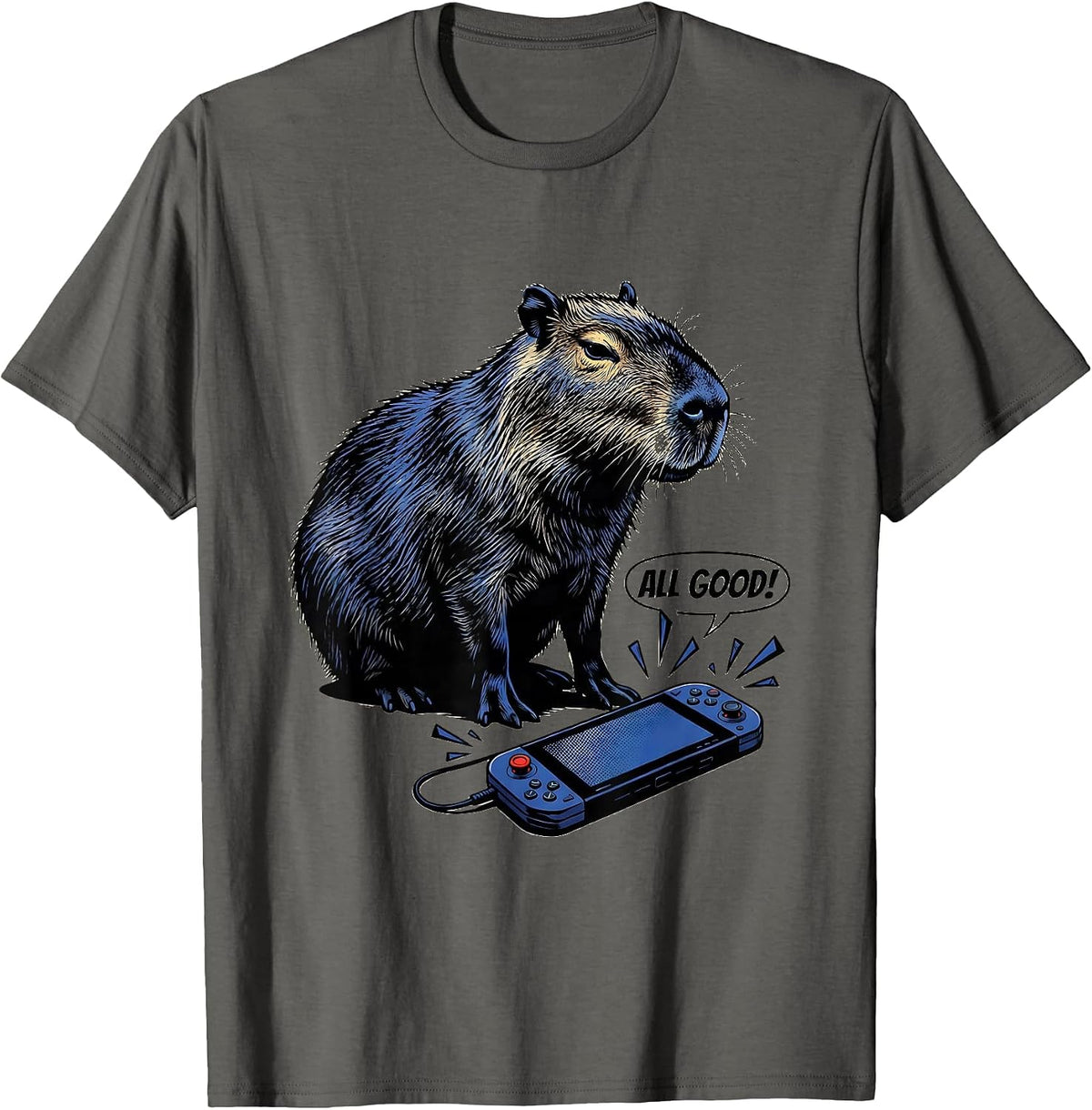 Men's All Good Comic Book Capybara Gamer Meme Humor T-Shirt - Asphalt Grey
