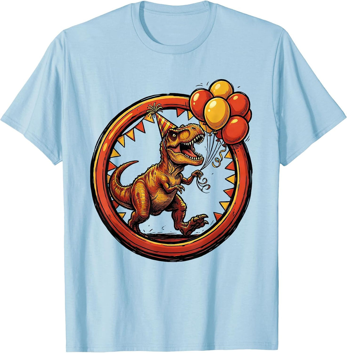 Men's T-Rex Chasing Birthday Balloons Funny Dinosaur T-Shirt - Baby Blue
