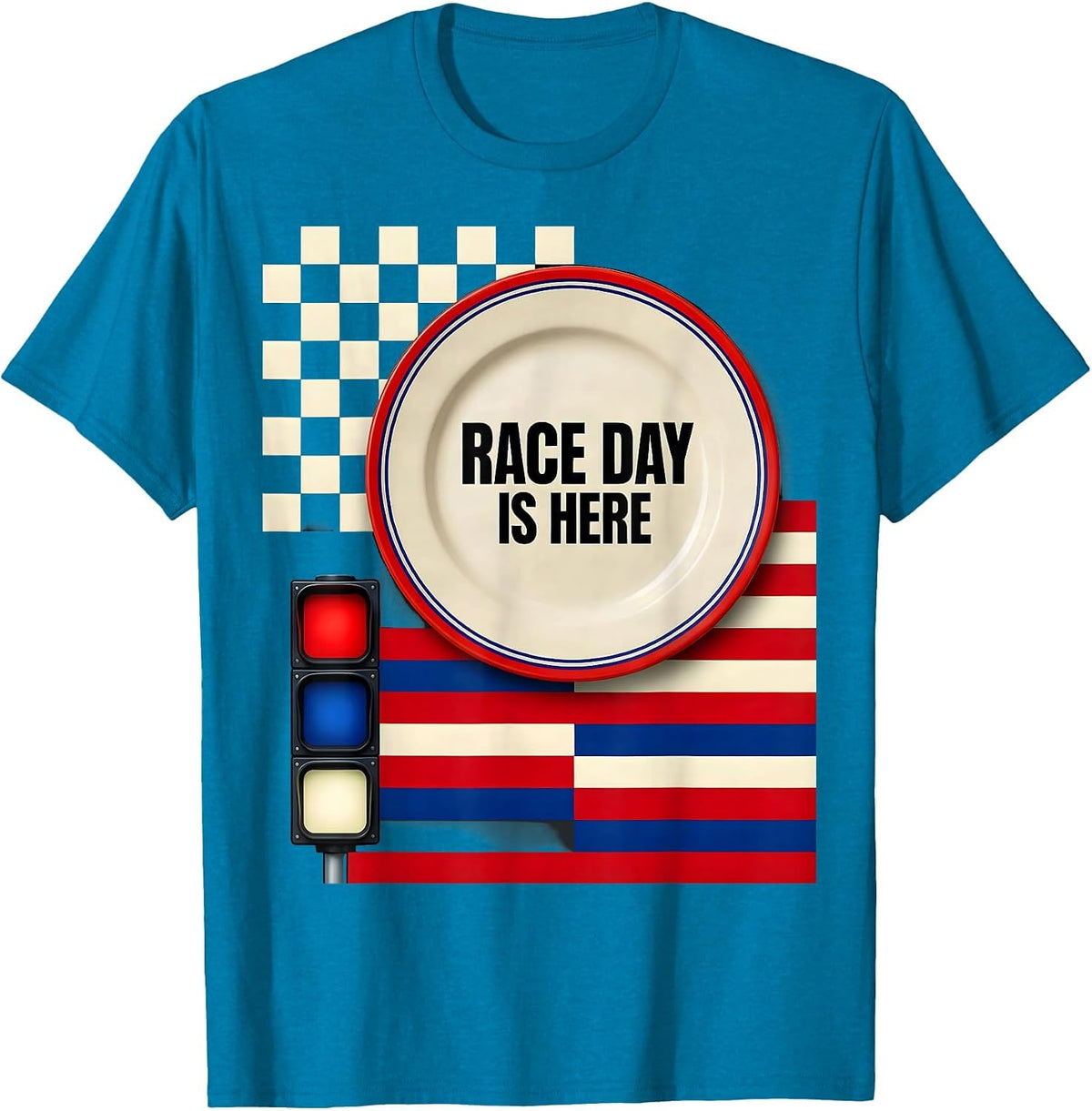 Race Day Is Here Patriotic Drag Racing Checkered Flag T-Shirt - Sapphire Blue