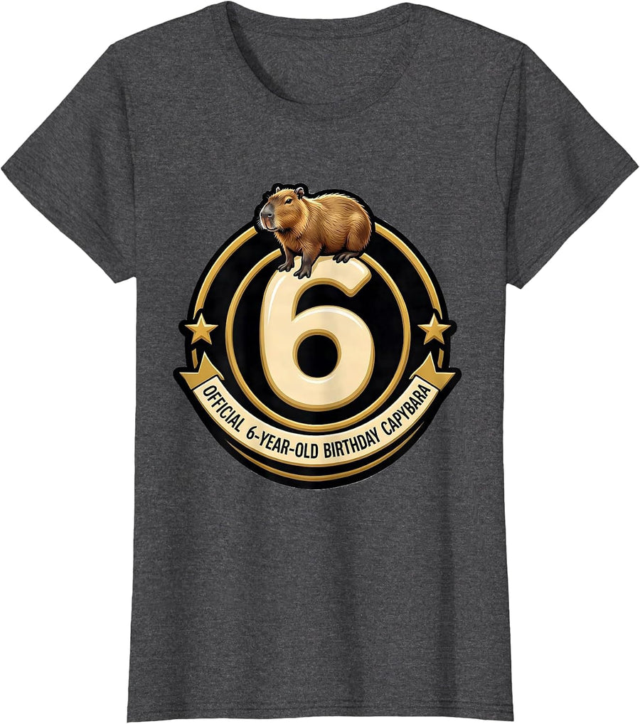 Women's Official 6-Year-Old Birthday Capybara Cute Kids Party T-Shirt - Dark Heather Grey