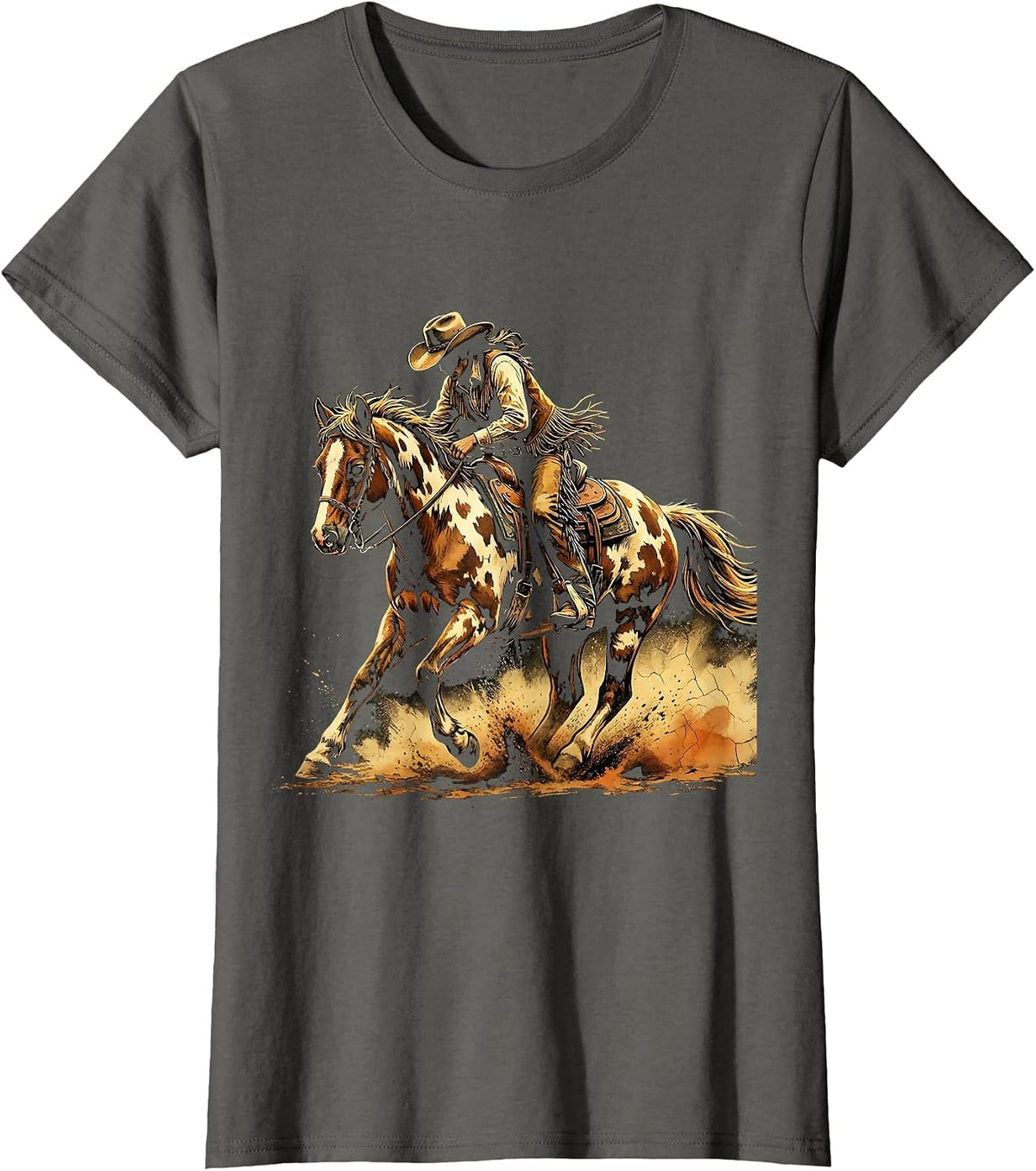 Women's Cowgirl Barrel Racing Painted Horse Illustration T-Shirt - Asphalt Grey
