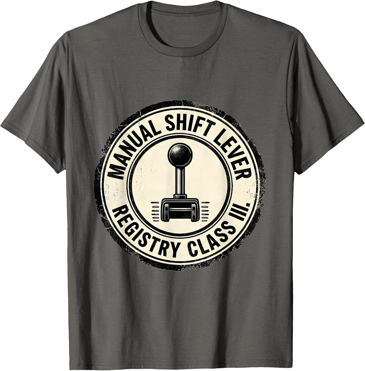 Manual Shift Lever Registry Class III Rubber Stamp Car Guy T-Shirt - Asphalt Grey