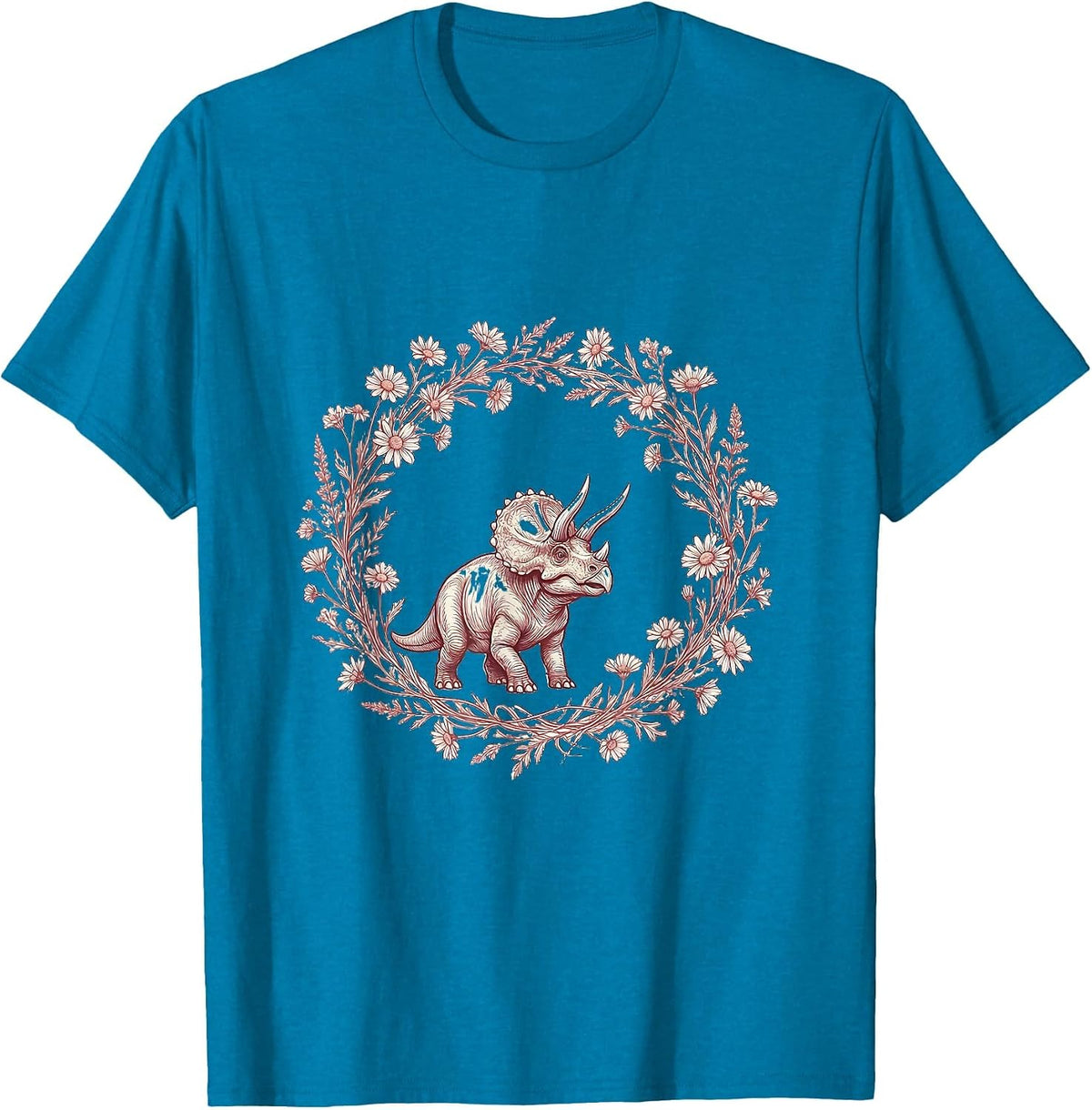 Baby Triceratops Flower Crown Dinosaur Illustration T-Shirt - Sapphire Blue