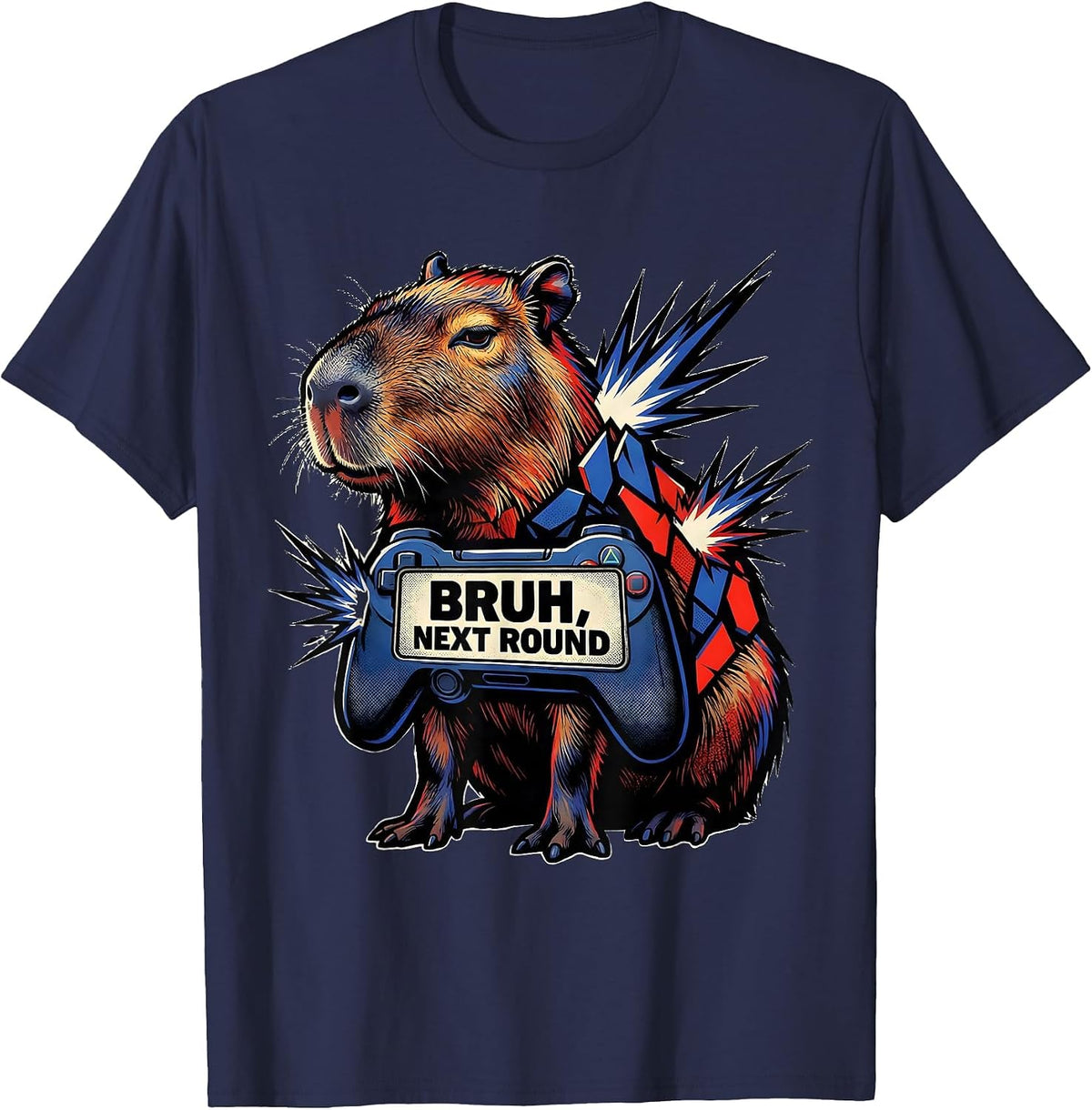Bruh Next Round Comic Book Capybara Gamer Humor T-Shirt - Navy Blue