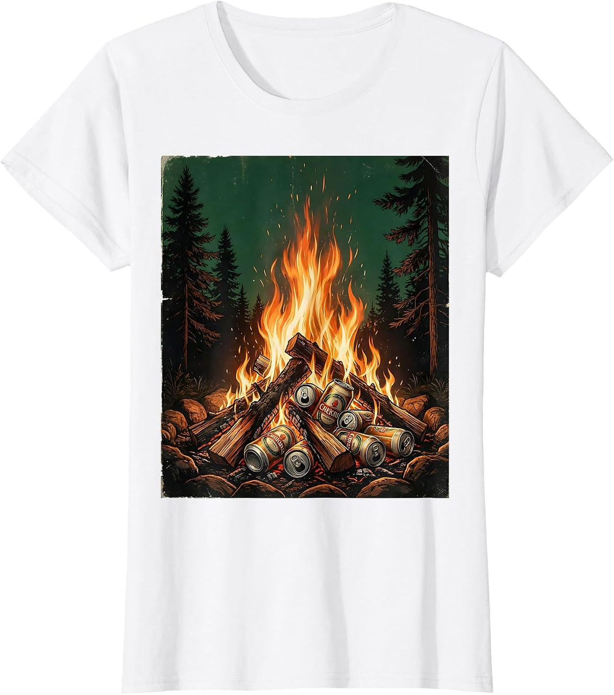 Campfire Beer Cans Pine Trees Outdoor Nature Art T-Shirt - White
