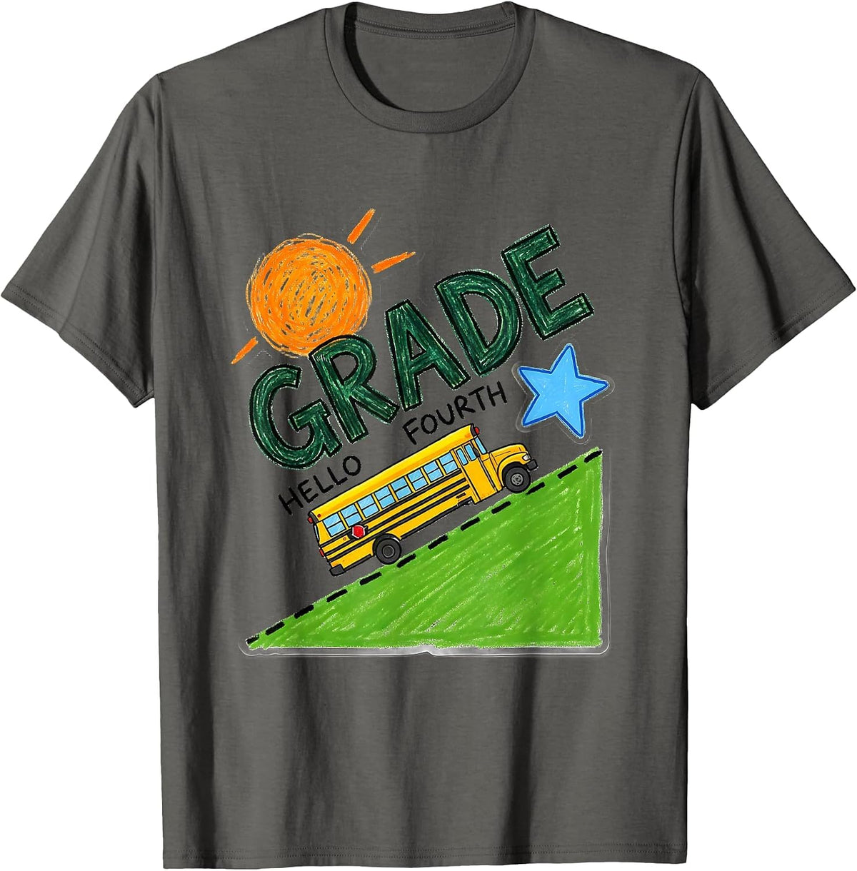 Hello Fourth Grade Naive Kidcore Back To School Teacher T-Shirt - Asphalt Grey