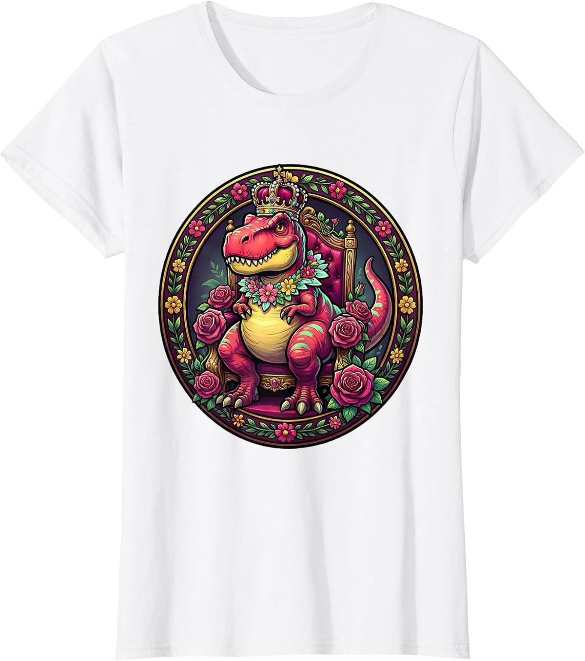 Dinosaur Queen Floral Throne Graphic T-Shirt - White
