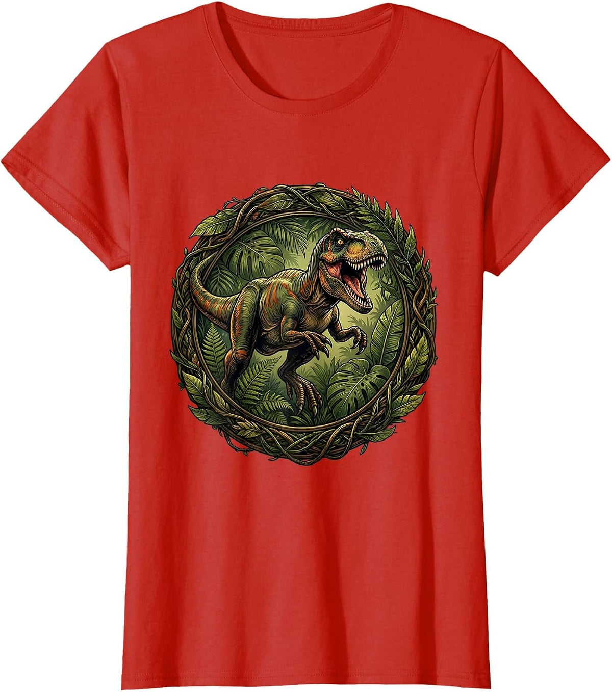 Women's Velociraptor Jungle Leap Dinosaur Illustration T-Shirt - Red
