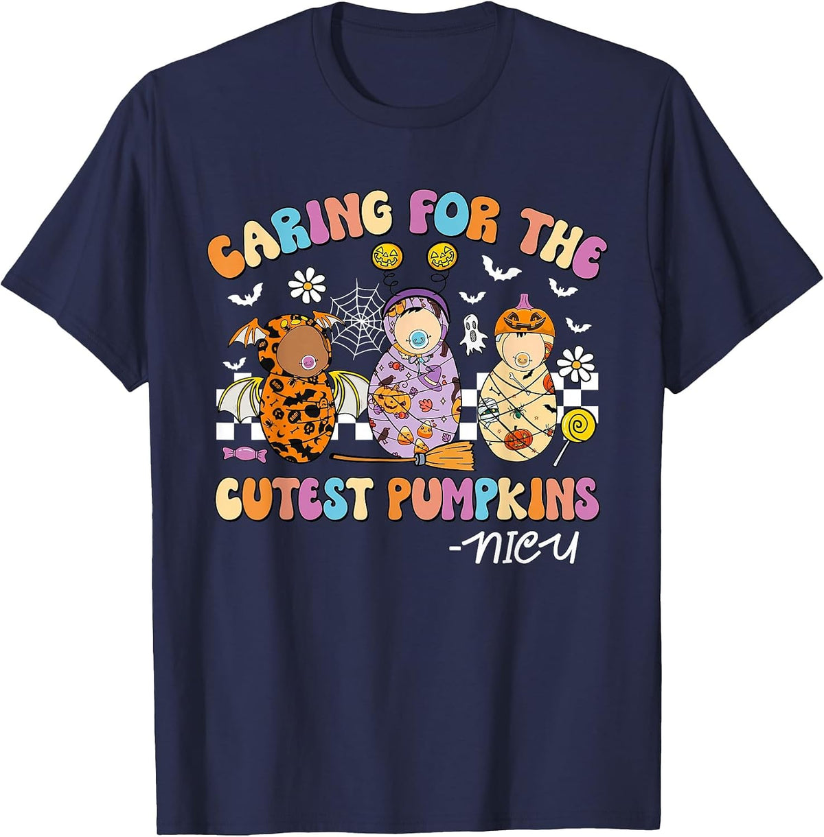 Retro Caring for The Cutest Pumpkins NiCU Nurse Halloween T-Shirt - Navy Blue