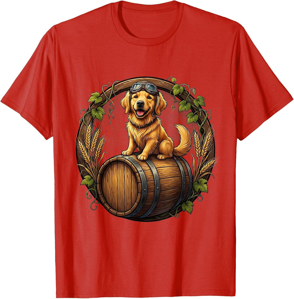 Men's Dog Riding Beer Barrel With Goggles Funny Art T-Shirt - Red