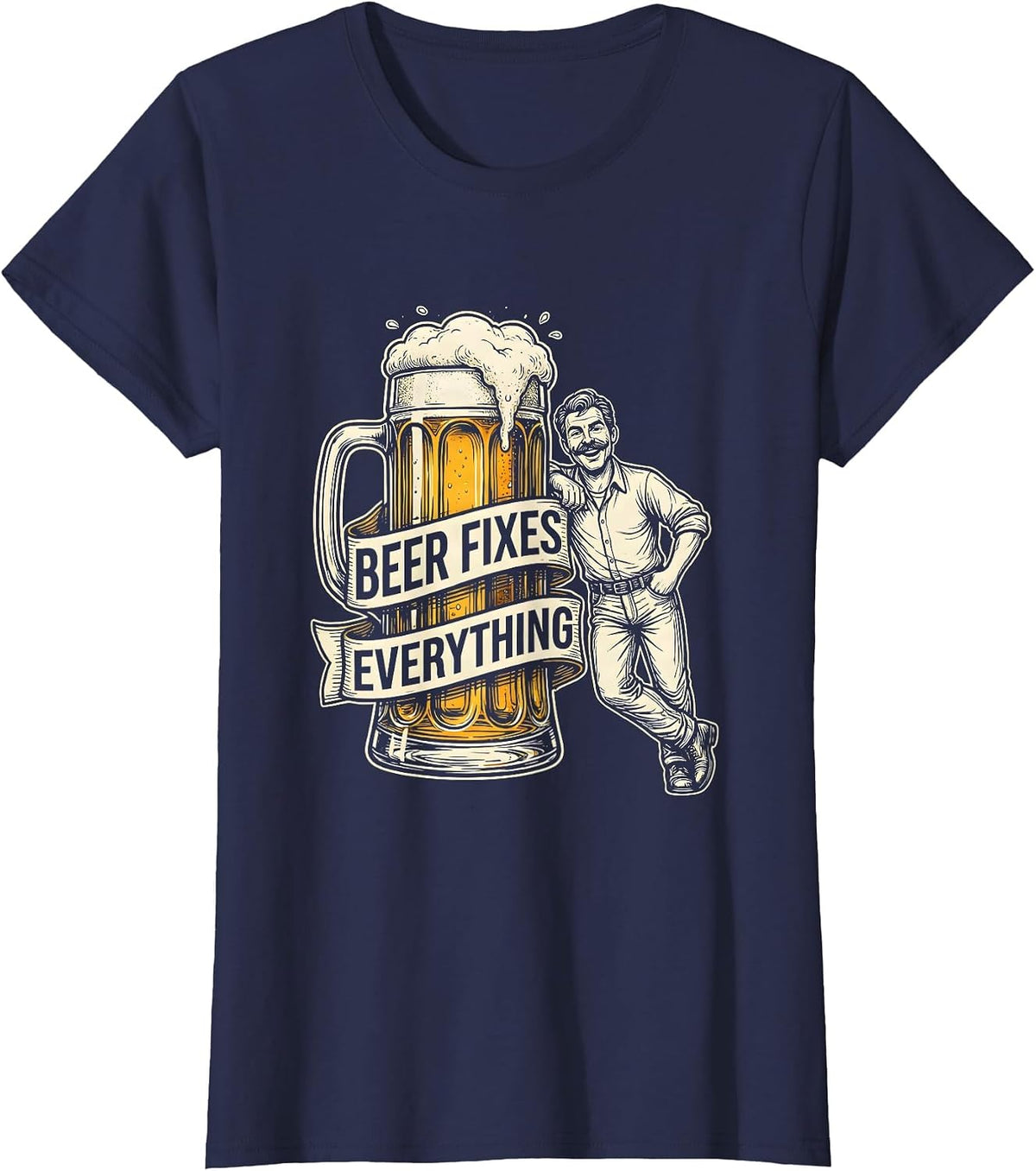 Women's Beer Fixes Everything Funny Drinking Design T-Shirt - Navy Blue