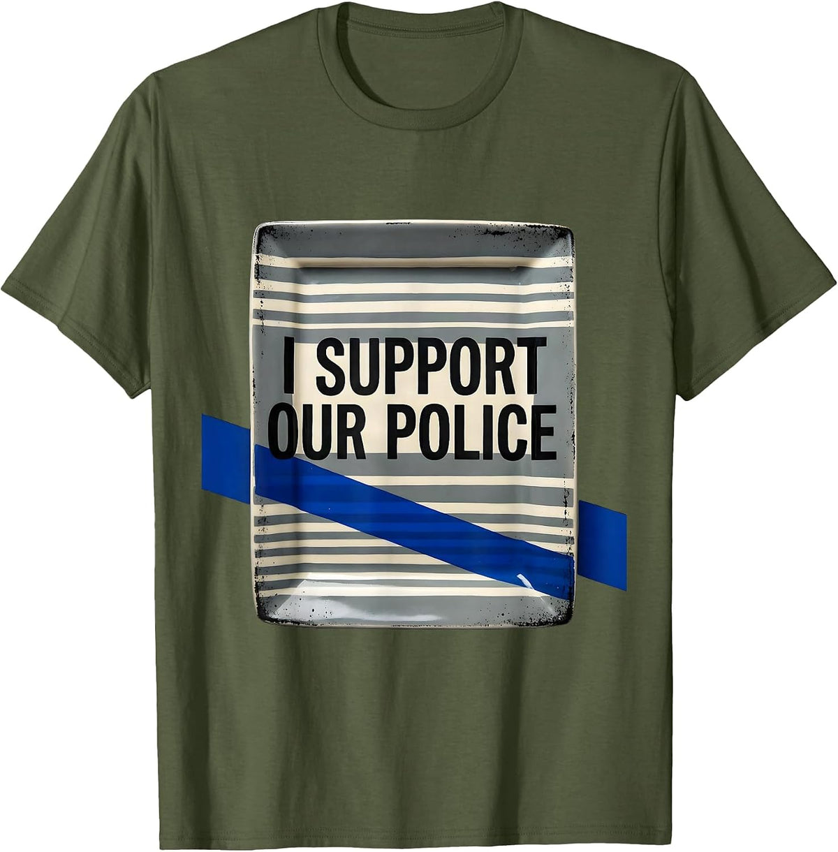 I Support Our Police Stencil Graphic Thin Blue Line Police T-Shirt - Olive Green