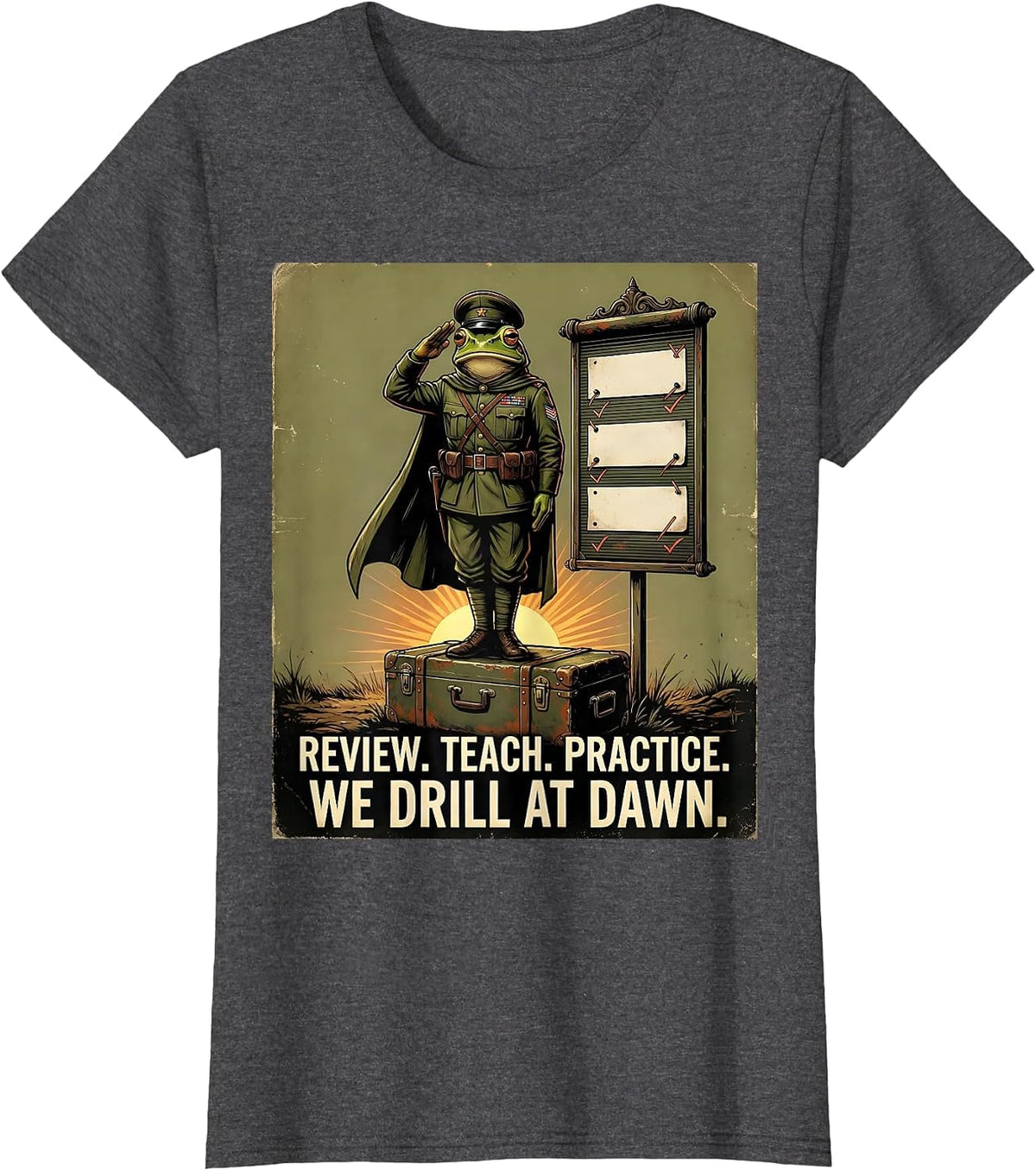 Women's Review Teach Practice We Drill At Dawn Funny Frog Teacher T-Shirt - Dark Heather Grey