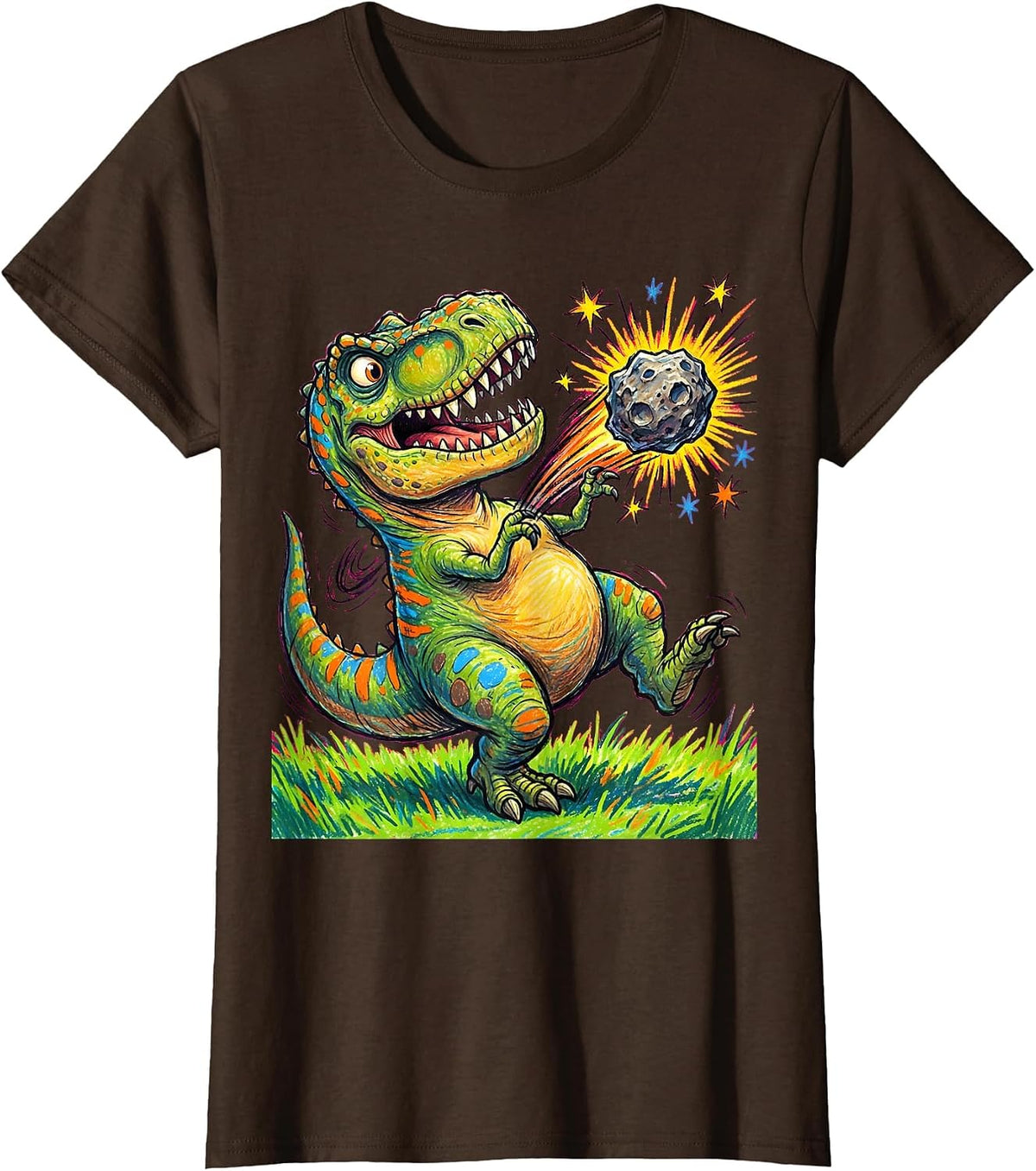 Women's T-Rex Throwing Meteor Funny Dinosaur Yeet T-Shirt - Brown