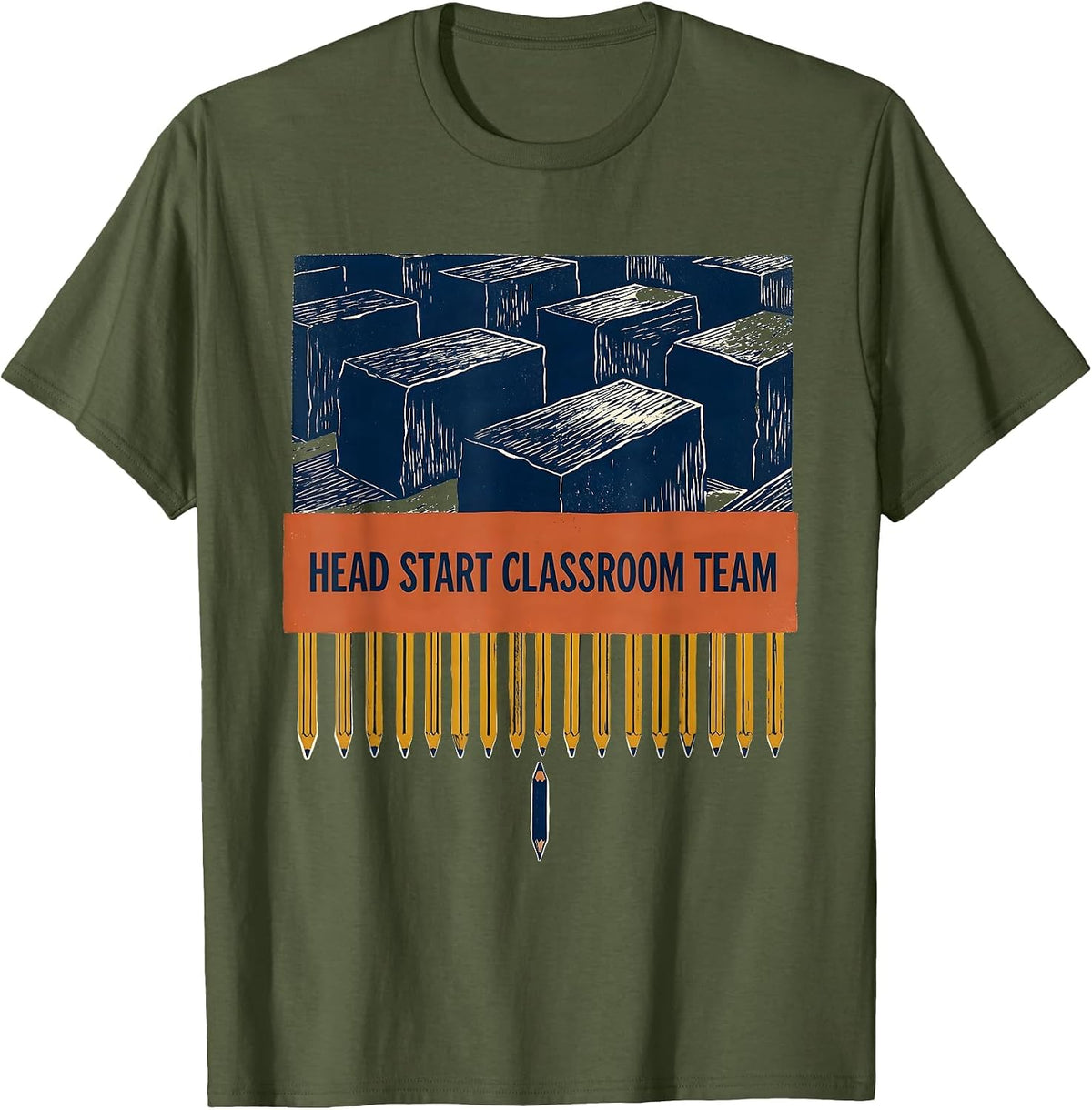 Head Start Classroom Team Linocut Early Childhood Educator T-Shirt - Olive Green