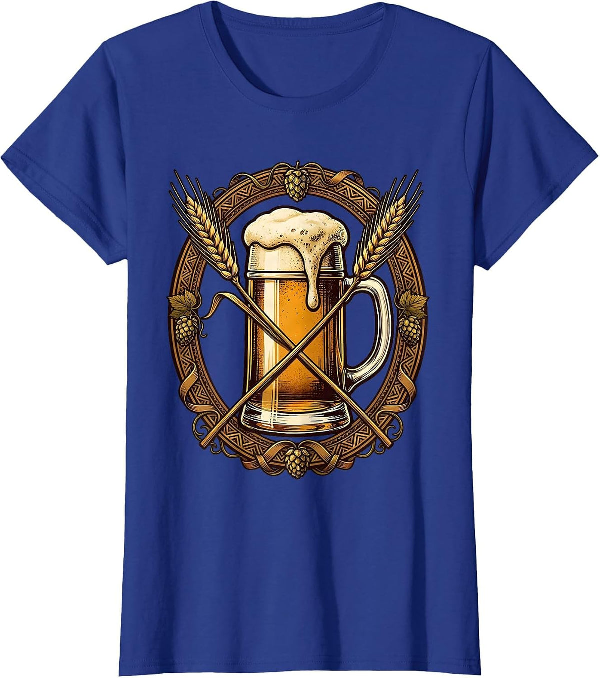 Women's Vintage Oktoberfest Beer Label Ornate Border Design T-Shirt - Royal Blue