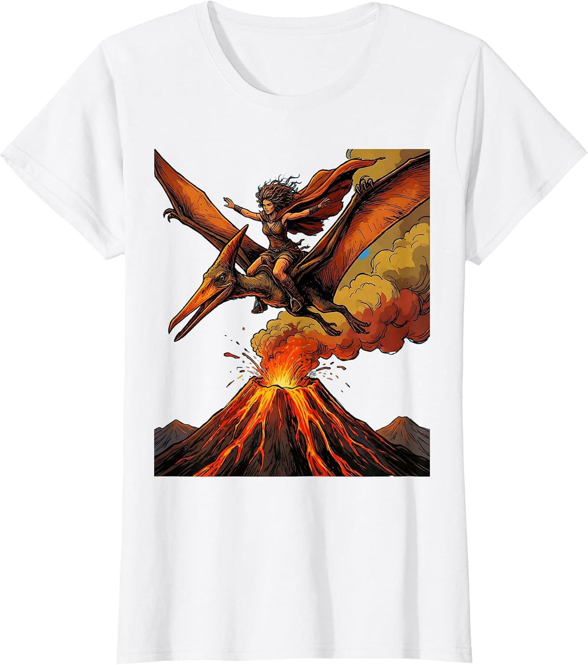 Women's Pterodactyl Soaring Above Volcano Dinosaur Tee T-Shirt - White